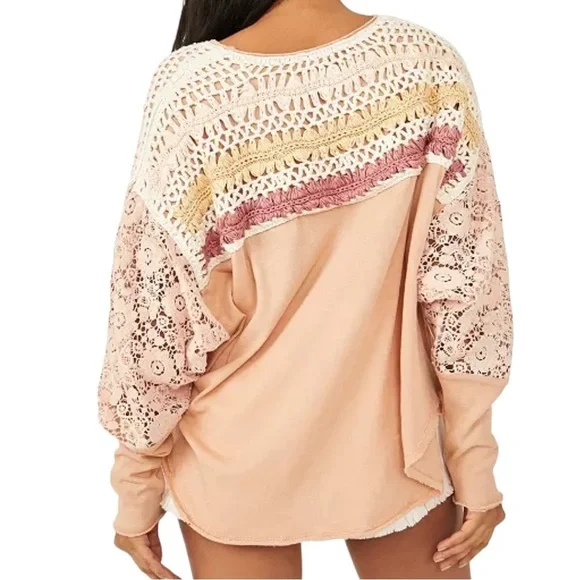 Free People High Hopes Cotton Crocheted-Yoke Lace-Sleeved Top Size Large - Picture 2 of 11